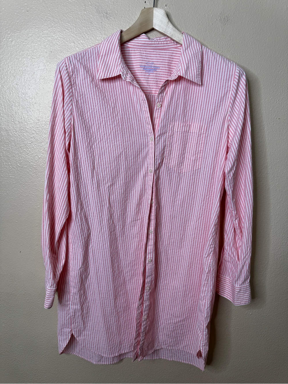 Vineyard Vines Performance Shirt Dress Women's L Button Up Pink White Stripe Str